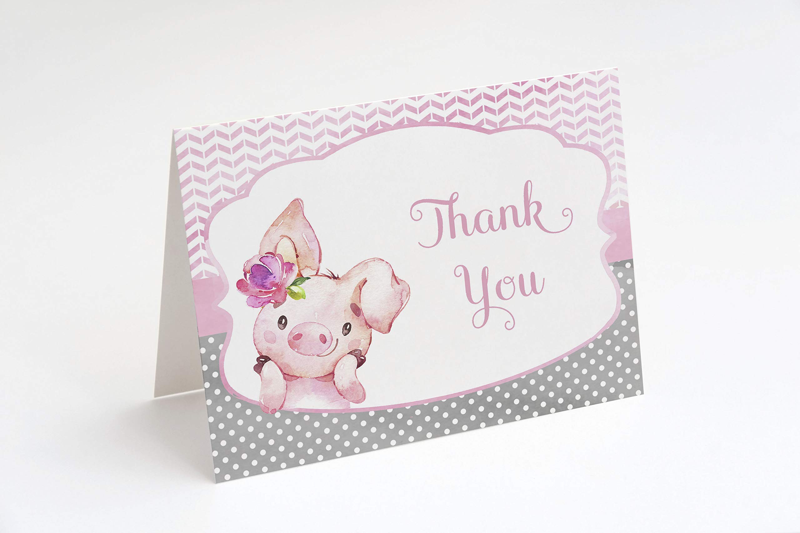 The Invite Lady Pig Thank You Cards Little Piggy Miss Farm Baby Shower Bridal Polka Dots Pink Watercolor Chevron Stripes Folding Notes Blank Inside (24 Count)