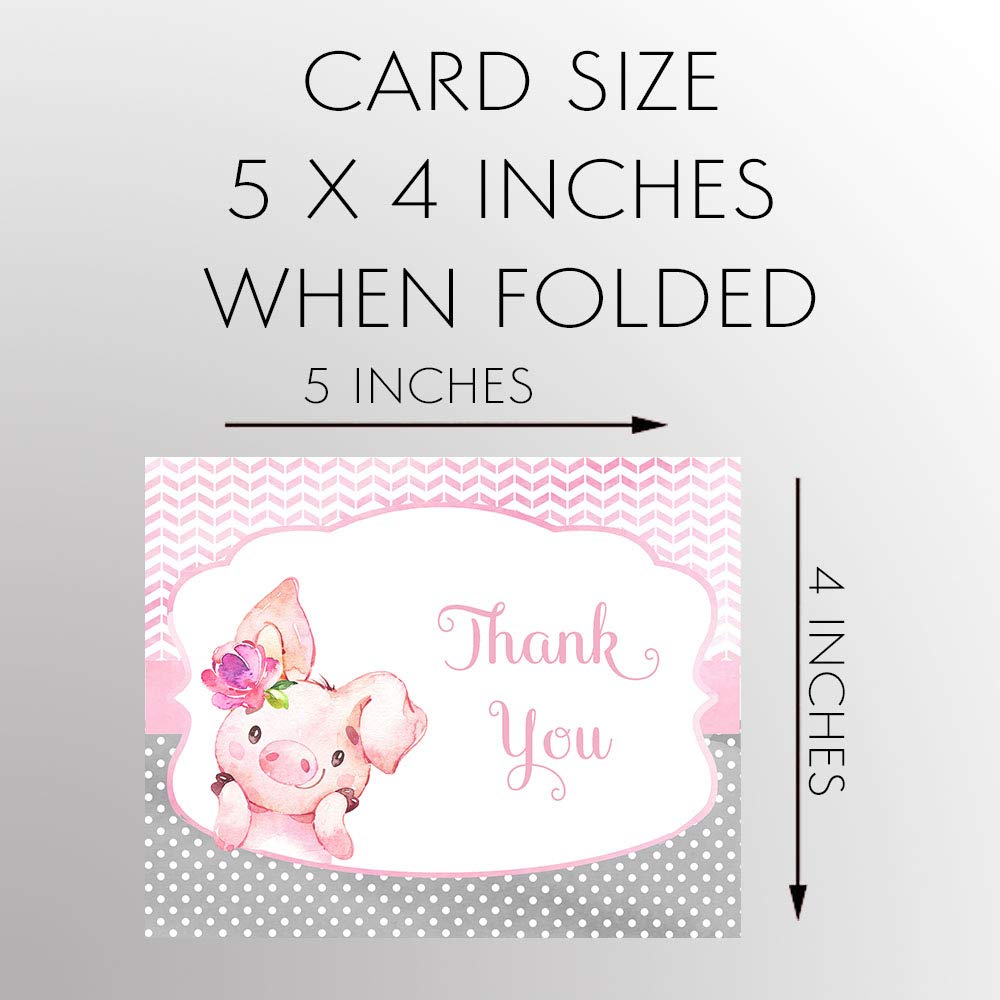 The Invite Lady Pig Thank You Cards Little Piggy Miss Farm Baby Shower Bridal Polka Dots Pink Watercolor Chevron Stripes Folding Notes Blank Inside (24 Count)