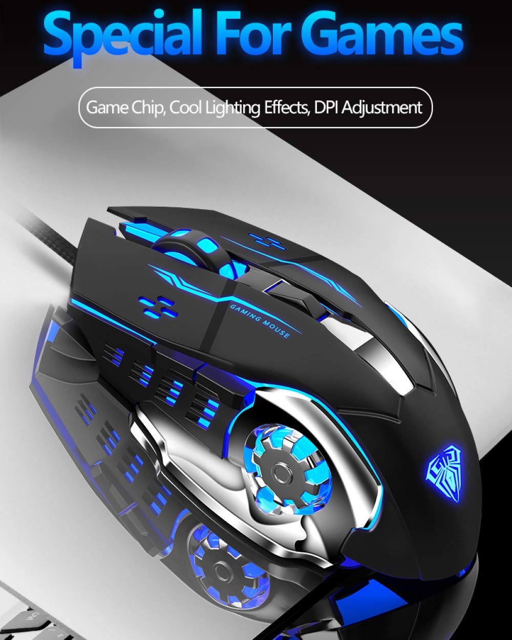 Gaming Mouse, Ergonomic USB Wired Gaming Optical Mice with 6 Programmable Buttons and 4 Colors LED Backlight, 4 DPI Settings Up to 2400 DPI Computer Mouse for Laptop PC Games & Work(Black)