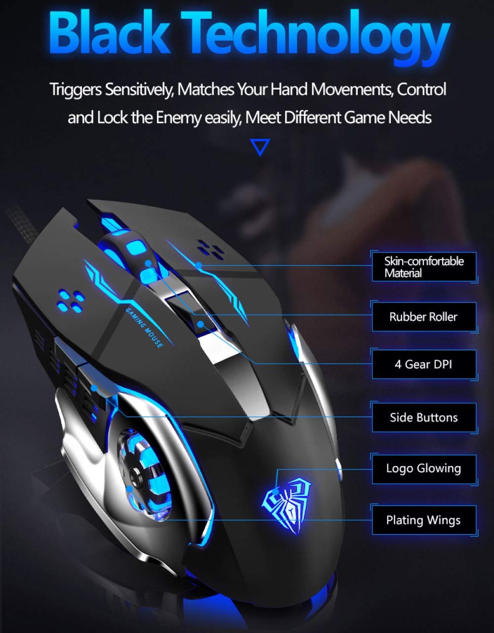 Gaming Mouse, Ergonomic USB Wired Gaming Optical Mice with 6 Programmable Buttons and 4 Colors LED Backlight, 4 DPI Settings Up to 2400 DPI Computer Mouse for Laptop PC Games & Work(Black)