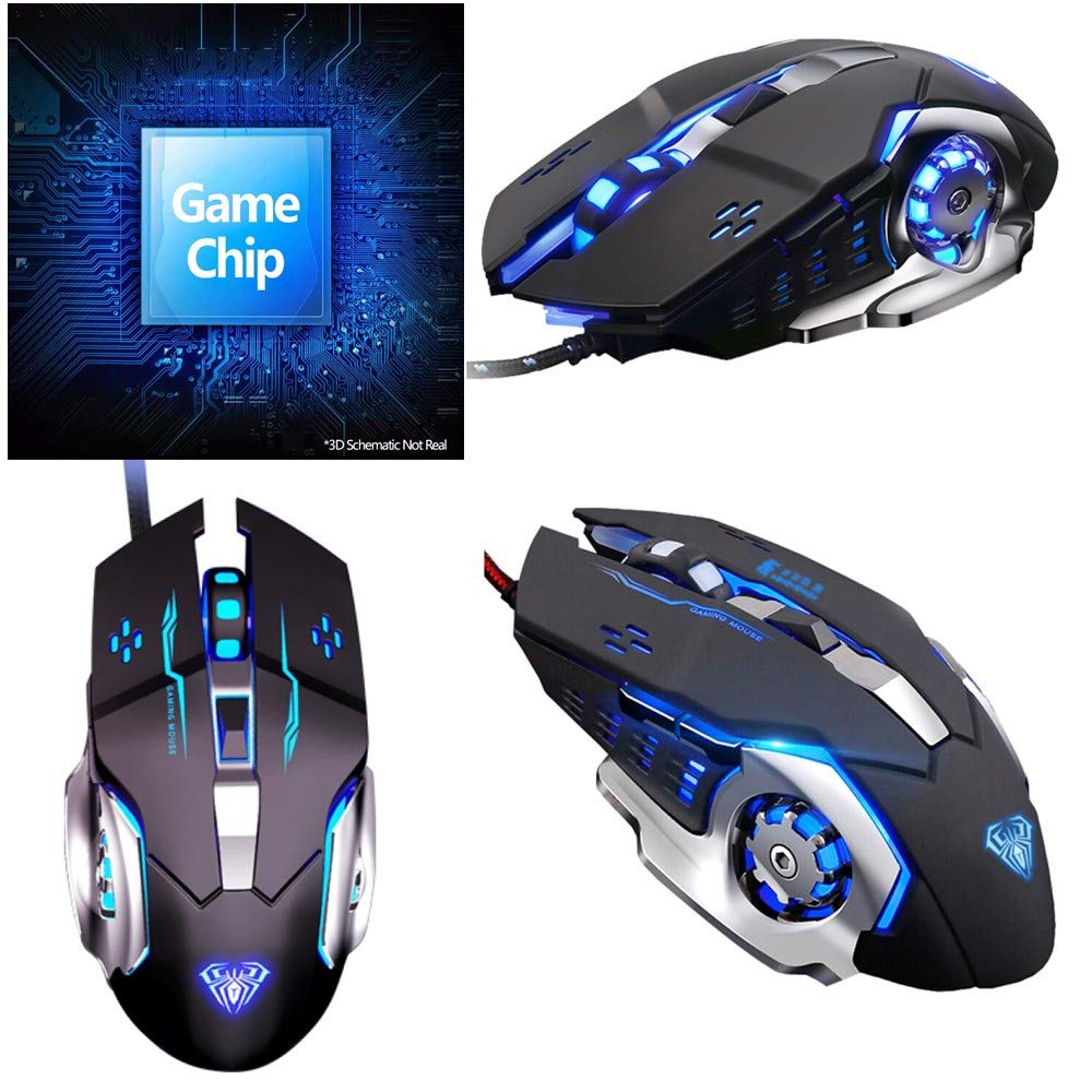 Gaming Mouse, Ergonomic USB Wired Gaming Optical Mice with 6 Programmable Buttons and 4 Colors LED Backlight, 4 DPI Settings Up to 2400 DPI Computer Mouse for Laptop PC Games & Work(Black)