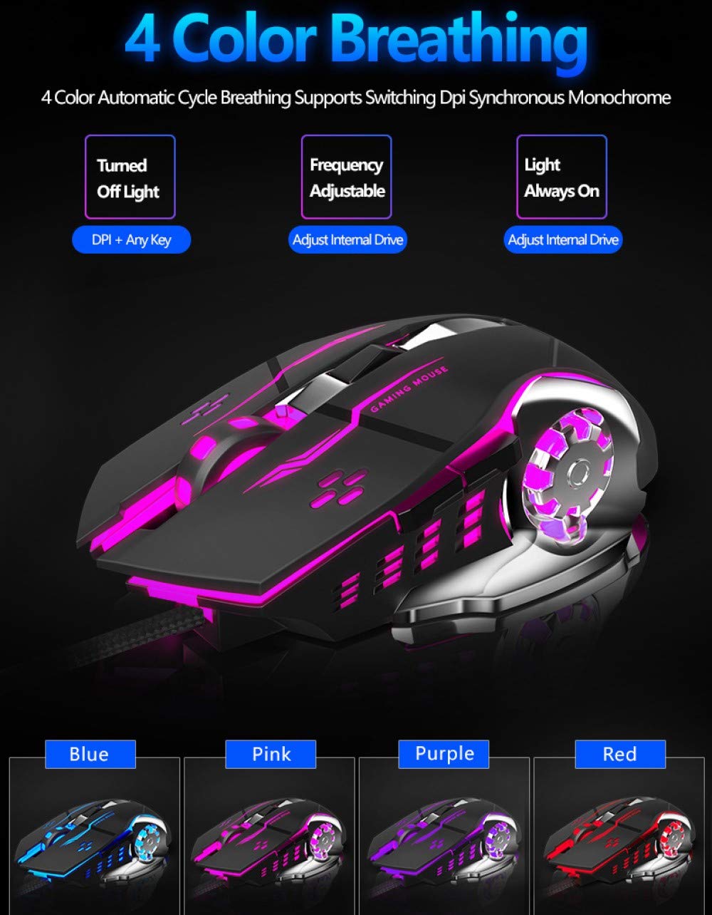 Gaming Mouse, Ergonomic USB Wired Gaming Optical Mice with 6 Programmable Buttons and 4 Colors LED Backlight, 4 DPI Settings Up to 2400 DPI Computer Mouse for Laptop PC Games & Work(Black)