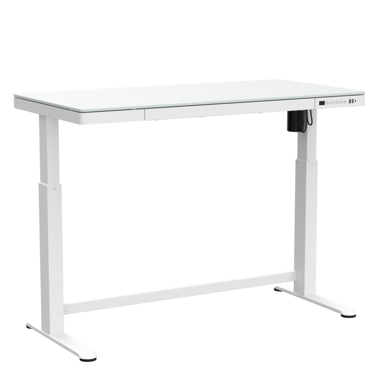 JAHRSTIM Jefferson Glass Standing Desk with Drawer, 48 x 24 Inches Modern Height Adjustable Desk Home Office Sit Stand Up Desk, Electric Motorized Uplift, Memory Control, Child Lock, White