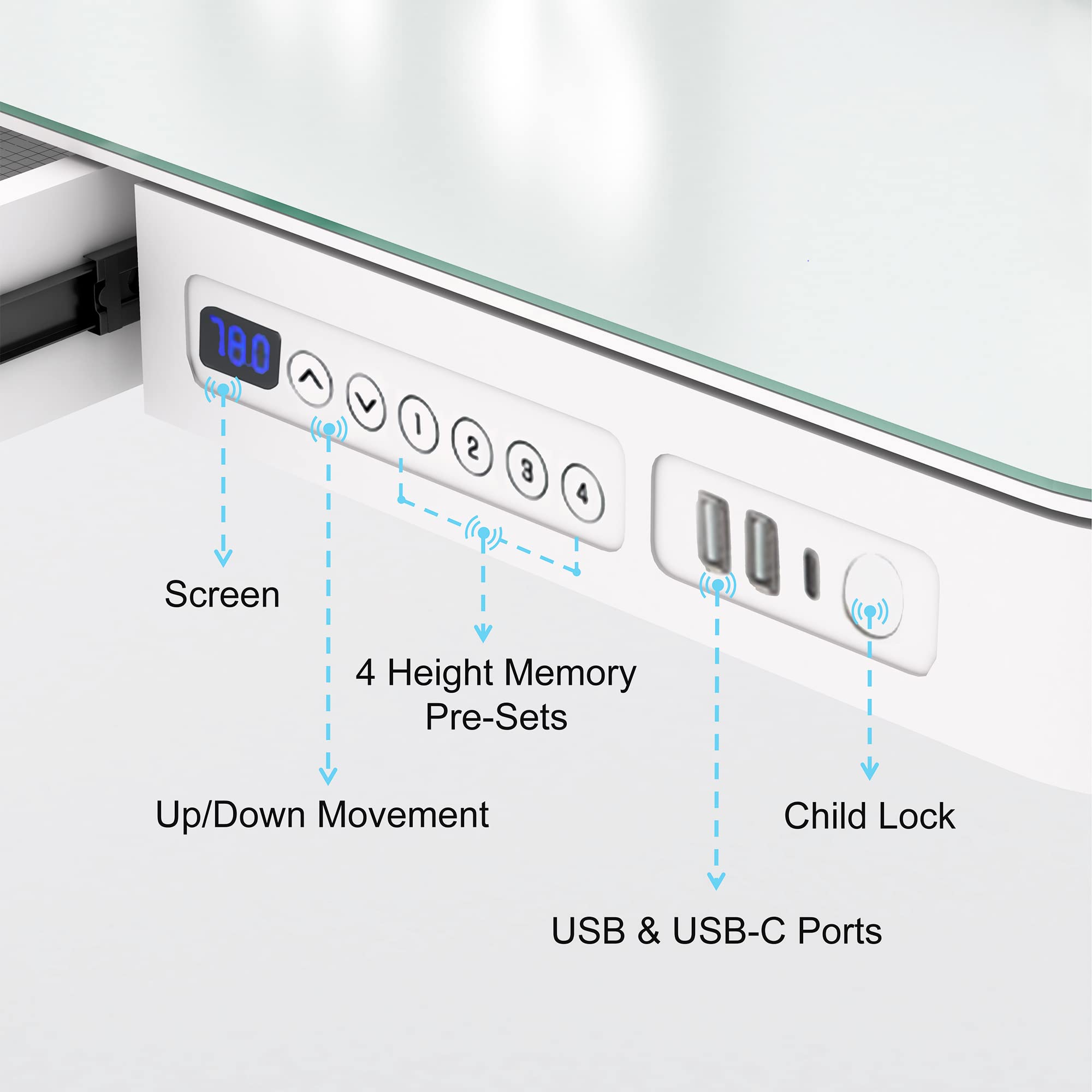 JAHRSTIM Jefferson Glass Standing Desk with Drawer, 48 x 24 Inches Modern Height Adjustable Desk Home Office Sit Stand Up Desk, Electric Motorized Uplift, Memory Control, Child Lock, White