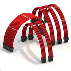 linkup - ava 30cm psu cable extension sleeved custom mod gpu pc braided w/comb kit - compatible with rtx3090 | 1 x 24 p (20+4) | 2 x 8 p (4+4) cpu | 3 x 8 p (6+2) gpu set | 300mm - red