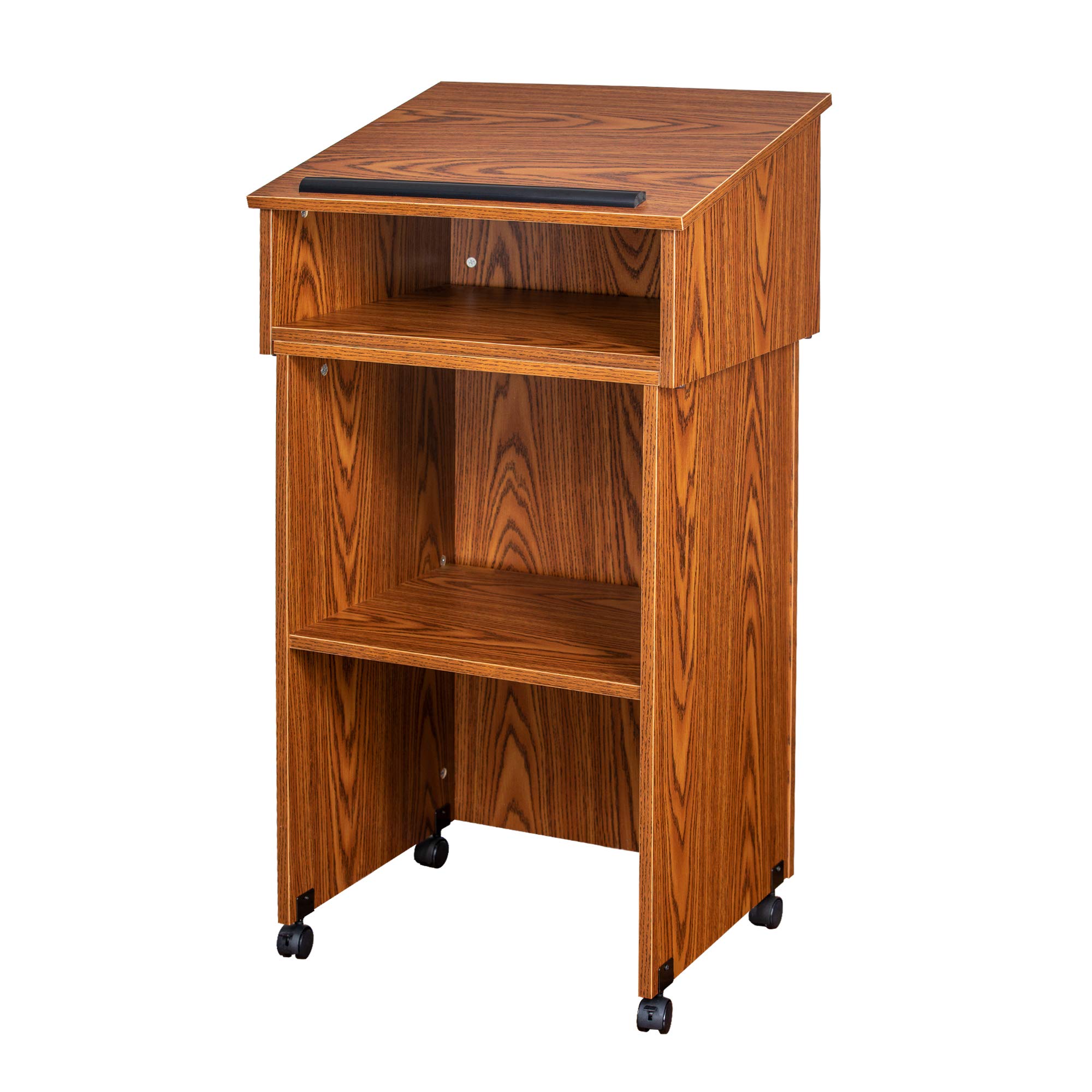 OEF Furnishings Combo Lectern, Portable Tabletop Lectern and AV Cart/Lectern Base with Storage Shelf, Medium Oak