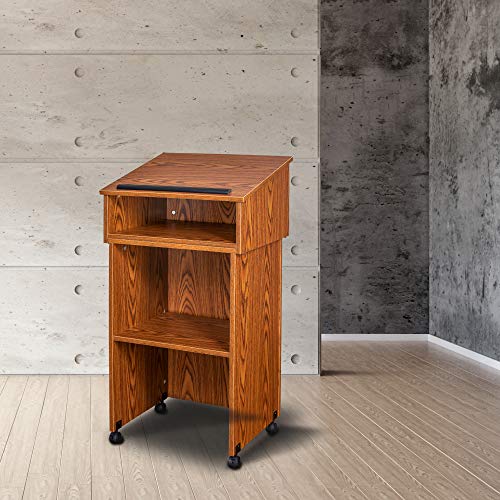 OEF Furnishings Combo Lectern, Portable Tabletop Lectern and AV Cart/Lectern Base with Storage Shelf, Medium Oak