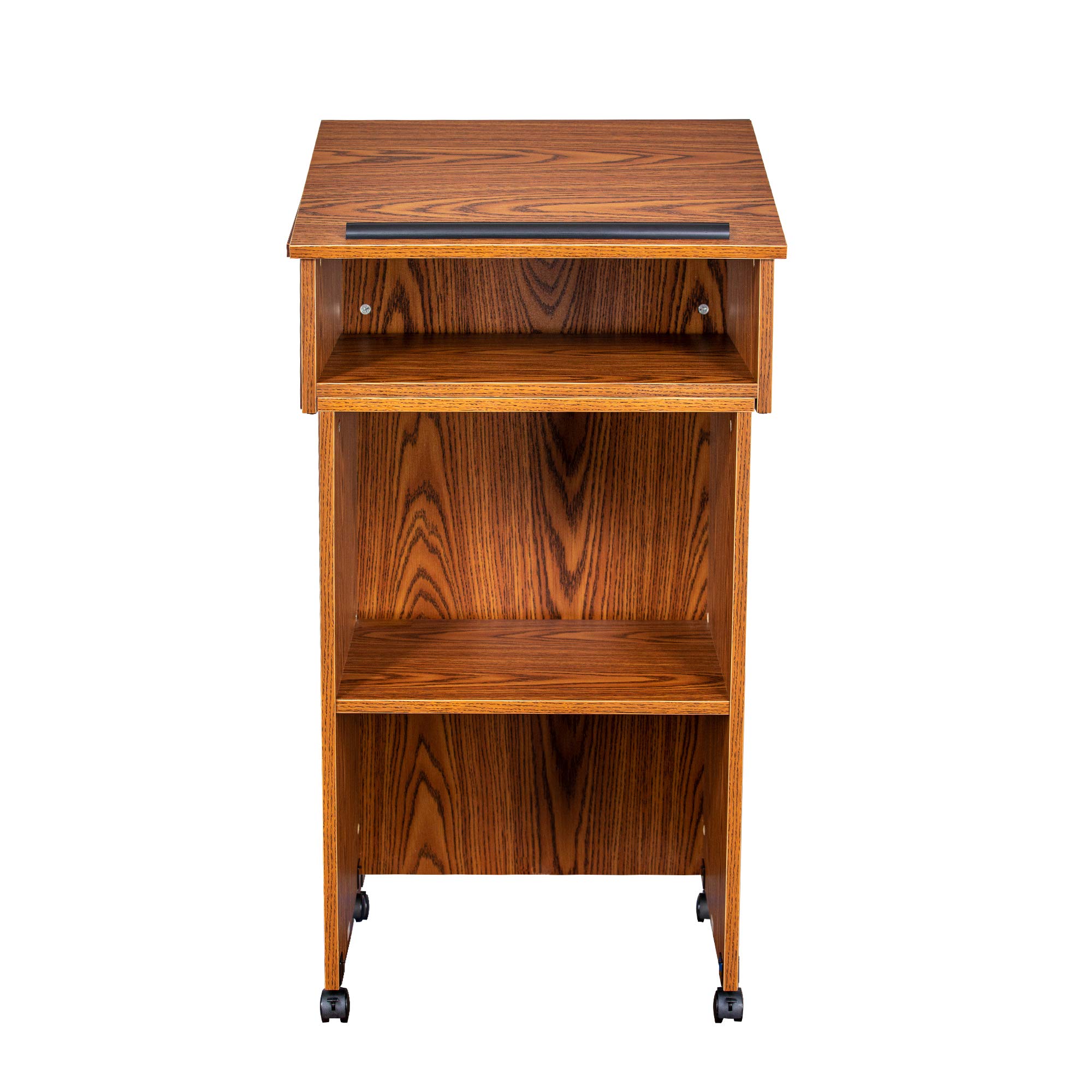 OEF Furnishings Combo Lectern, Portable Tabletop Lectern and AV Cart/Lectern Base with Storage Shelf, Medium Oak