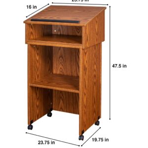 OEF Furnishings Combo Lectern, Portable Tabletop Lectern and AV Cart/Lectern Base with Storage Shelf, Medium Oak