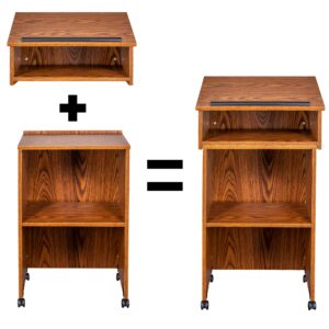 OEF Furnishings Combo Lectern, Portable Tabletop Lectern and AV Cart/Lectern Base with Storage Shelf, Medium Oak