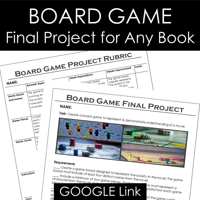 Board Game Final Project for ANY Book With Google Drive Version for Print and Online Classrooms Such as Google Classroom