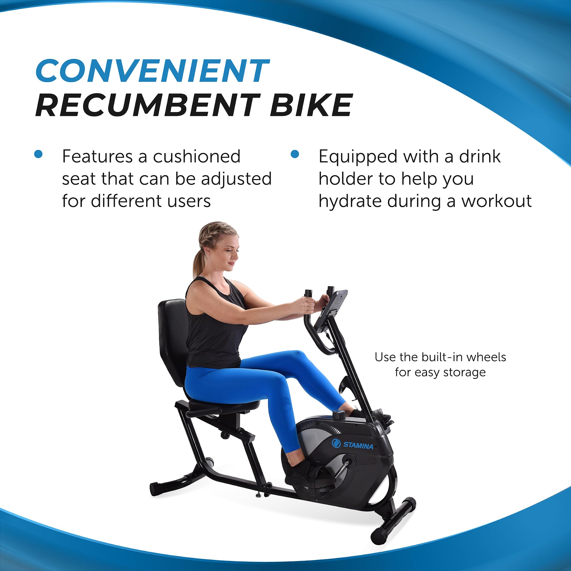 Stamina Recumbent Exercise Bike 1346 - Exercise Bike with Smart Workout App - Recumbent Exercise Bike for Home Workout - Up to 250 lbs Weight Capacity Black