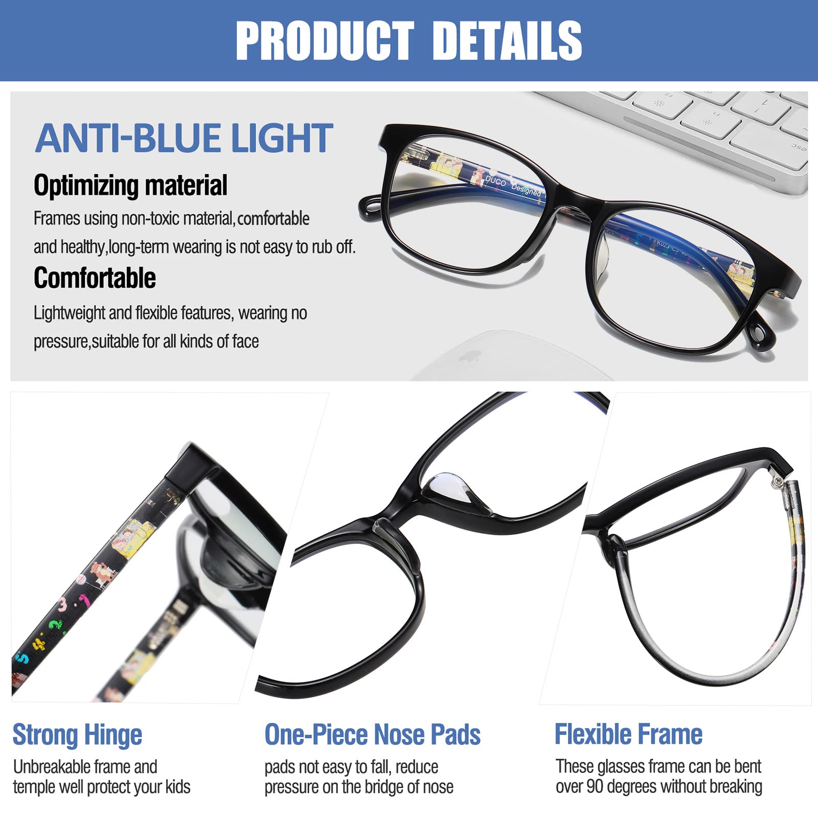 DUCO Blue Light Glasses for Kids Girls Boys,Gaming Computer TV Phone Fake Glasses for Kids Age 6-10,Anti Bluelight & UV K023