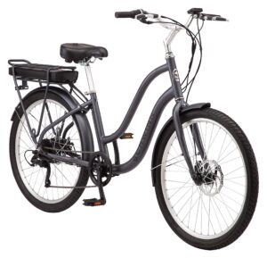 schwinn mendocino adult hybrid electric cruiser bike, lightweight aluminum ebike frame, 26-inch wheels, 6 speed drivetrain, pedal assist, charcoal grey