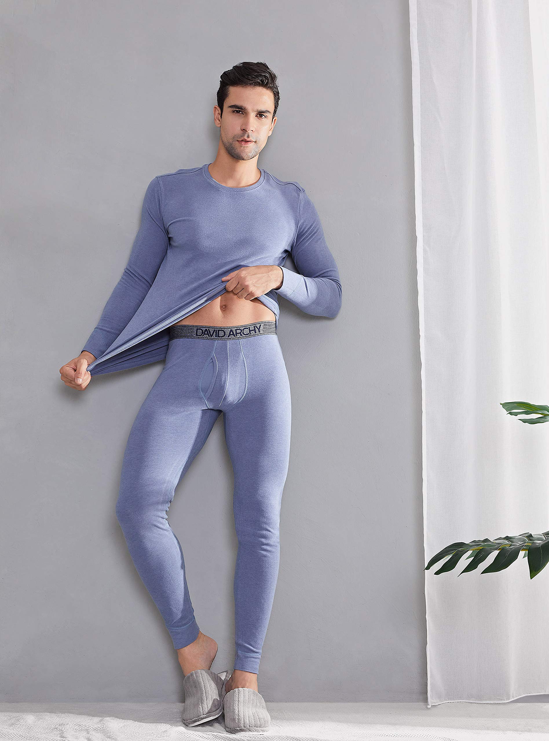 DAVID ARCHY Men's Thermal Underwear Set Winter Warm Base Layers Thermal Top and Bottom Long Johns Set Heather Moonlight Blue,L