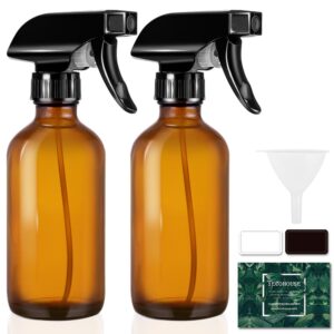 Tecohouse Glass Spray Bottles 8oz, Amber Hair Spray Bottles, 2 Pack Empty Refillable Sprayer Container with Labels, Funnel, Lids, Graduated Pipettes - Handheld Size