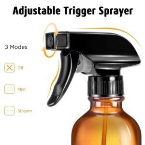 Tecohouse Glass Spray Bottles 8oz, Amber Hair Spray Bottles, 2 Pack Empty Refillable Sprayer Container with Labels, Funnel, Lids, Graduated Pipettes - Handheld Size