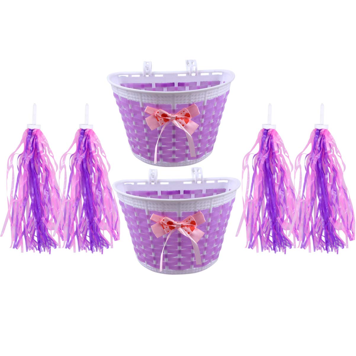 BESPORTBLE 2pcs Kids Bike Basket with 4 Bike Streamers Plastic Front Handlebar Bicycle Baskets Tassel Ribbons for Kids Boys Girls (Purple)