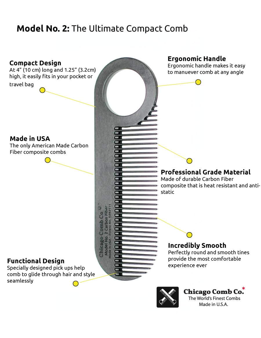 Chicago Comb Model 2 Carbon Fiber, Made in USA, Anti-static, 4 inches (10 cm) long, Fine-tooth, Pocket & Travel comb, for Thinner Hair, Beard & Mustache comb