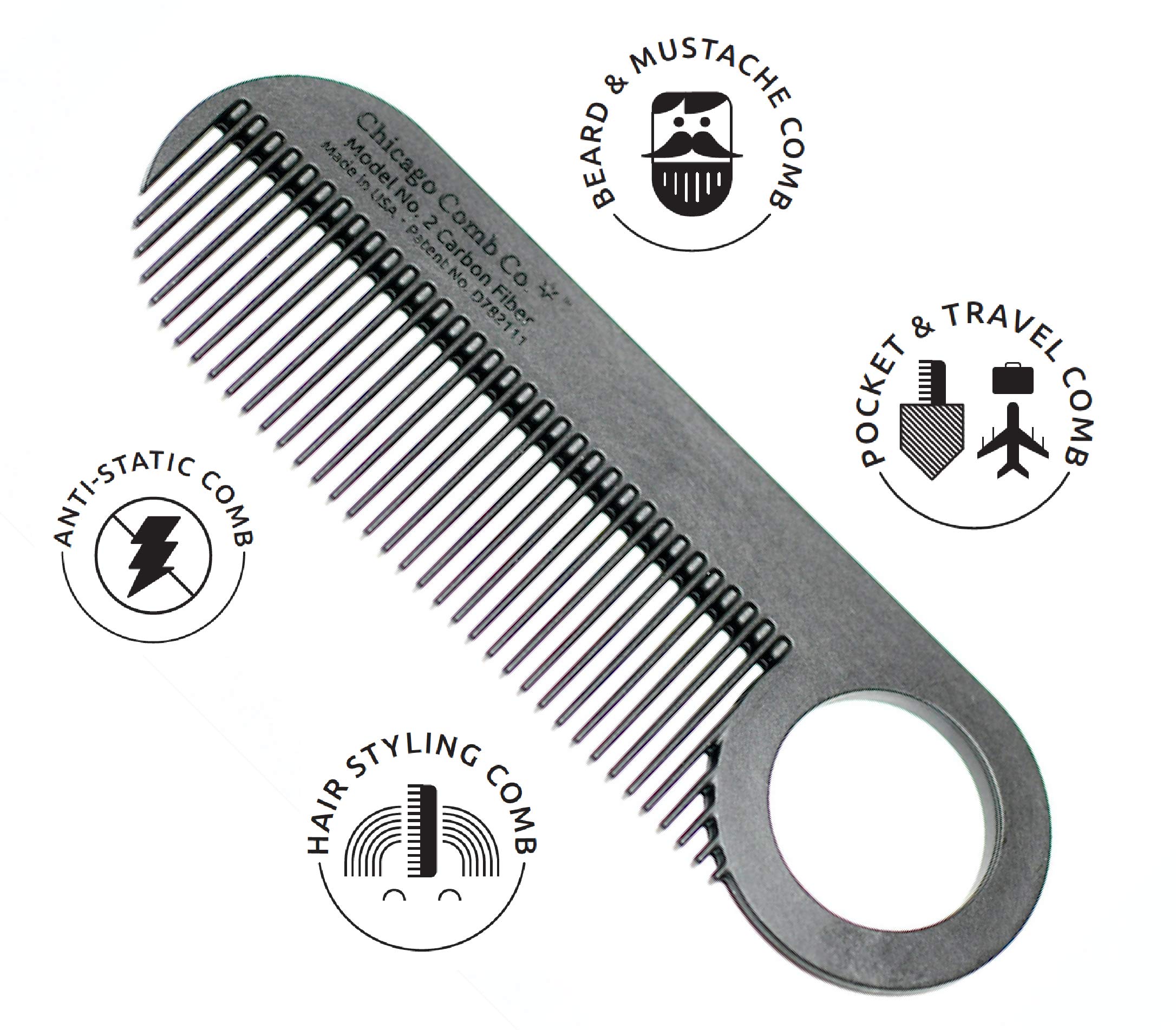 Chicago Comb Model 2 Carbon Fiber, Made in USA, Anti-static, 4 inches (10 cm) long, Fine-tooth, Pocket & Travel comb, for Thinner Hair, Beard & Mustache comb