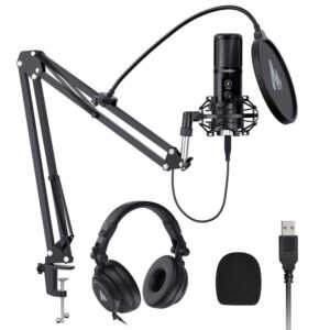 maono au-pm421 usb microphone with au-mh601 studio monitor headphones bundle plug and play for podcast, youtube, music…