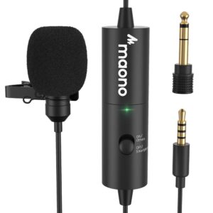 lavalier microphone rechargeable, maono omnidirectional condenser clip on lapel mic with led indicator for podcasting, recording, asmr, compatible with iphone, android, smartphone, camera, pc, au-100r