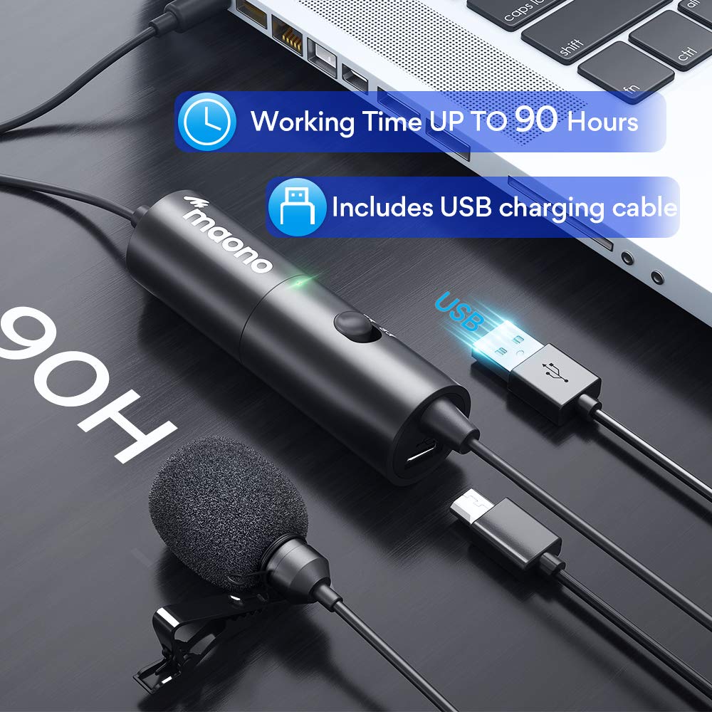 Lavalier Microphone Rechargeable, MAONO Omnidirectional Condenser Clip on Lapel Mic with LED Indicator for Podcasting, Recording, ASMR, Compatible with iPhone, Android, Smartphone, Camera, PC, AU-100R