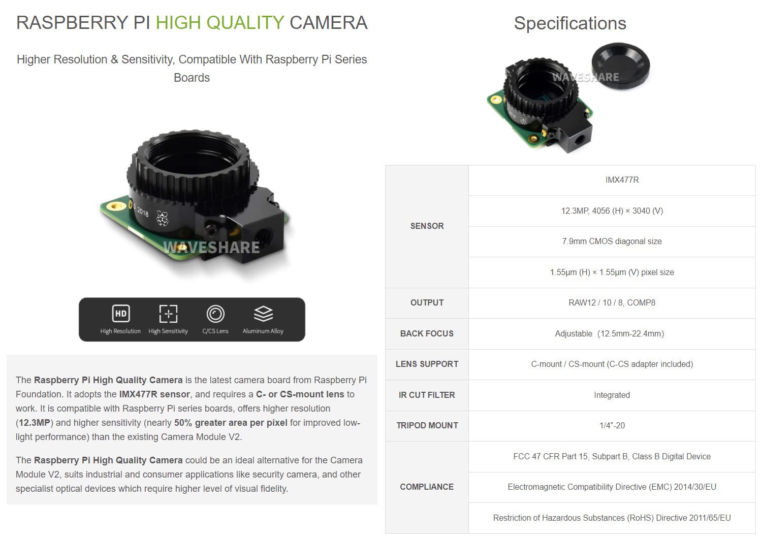 waveshare Accessory Compatible with Raspberry Pi HQ Camera 12.3MP IMX477 Sensor High Sensitivity Supports C- and CS-Mount Lenses Comes with a RPi Zero V1.3 Camera Cable 15cm