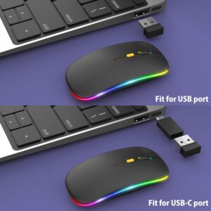 【Upgrade】 LED Wireless Mouse, Slim Silent Mouse 2.4G Portable Mobile Optical Office Mouse with USB & Type-c Receiver, 3 Adjustable DPI Levels for Notebook, PC, Laptop, Computer, MacBook (Black)