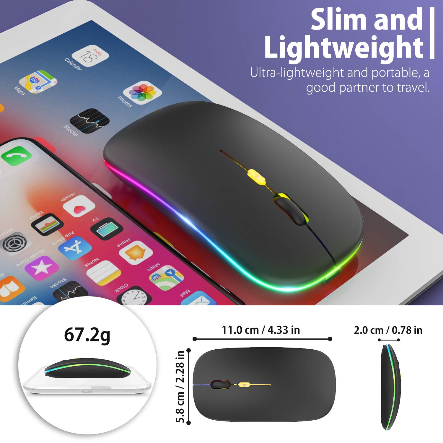 【Upgrade】 LED Wireless Mouse, Slim Silent Mouse 2.4G Portable Mobile Optical Office Mouse with USB & Type-c Receiver, 3 Adjustable DPI Levels for Notebook, PC, Laptop, Computer, MacBook (Black)