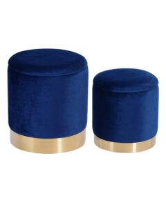 deerun round velvet storage ottoman foot rest stool/upholstered footstool with gold plating base,pack of 2 (blue)