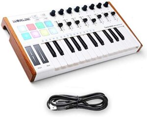 hx worlde 25 key usb portable tuna mini midi keyboard midi controller with 8 knobs, 8 drum pads, 8 faders, wood imitation rim, pedal interface, for mac and pc