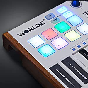 HX Worlde 25 Key USB Portable Tuna Mini MIDI Keyboard MIDI Controller with 8 Knobs, 8 Drum Pads, 8 Faders, Wood Imitation Rim, Pedal Interface, for Mac and PC