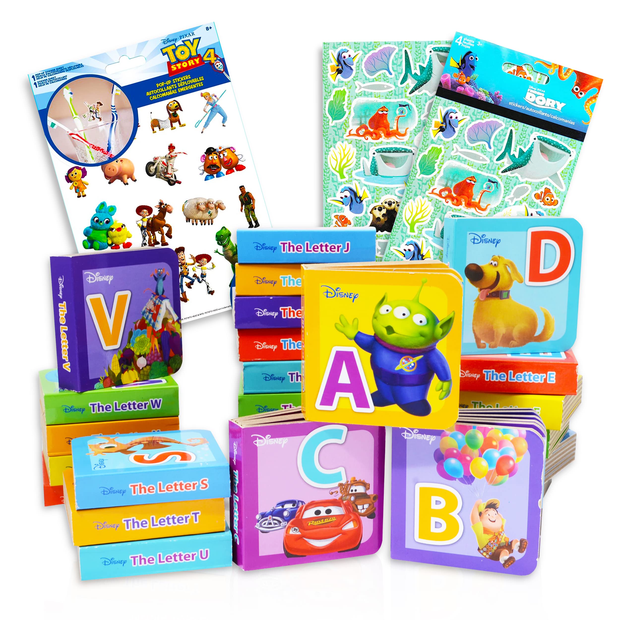 Disney Alphabet Book Bundle Disney Board Books Set ~ 26 Disney Pixar Alphabet Learning Books Disney Board Books For Toddlers with Stickers (Disney Educational Books)