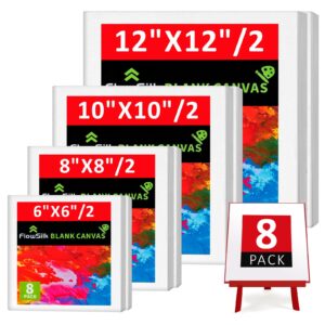 blank canvase boards for painting, 6x6", 8x8", 10x10" 12x12", 8 pack 100% cotton stretcher academy acrylic oil painting, canvases for kids & artist
