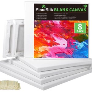 Blank Canvase Boards for Painting, 6x6", 8x8", 10x10" 12x12", 8 Pack 100% Cotton Stretcher Academy Acrylic Oil Painting, Canvases for Kids & Artist