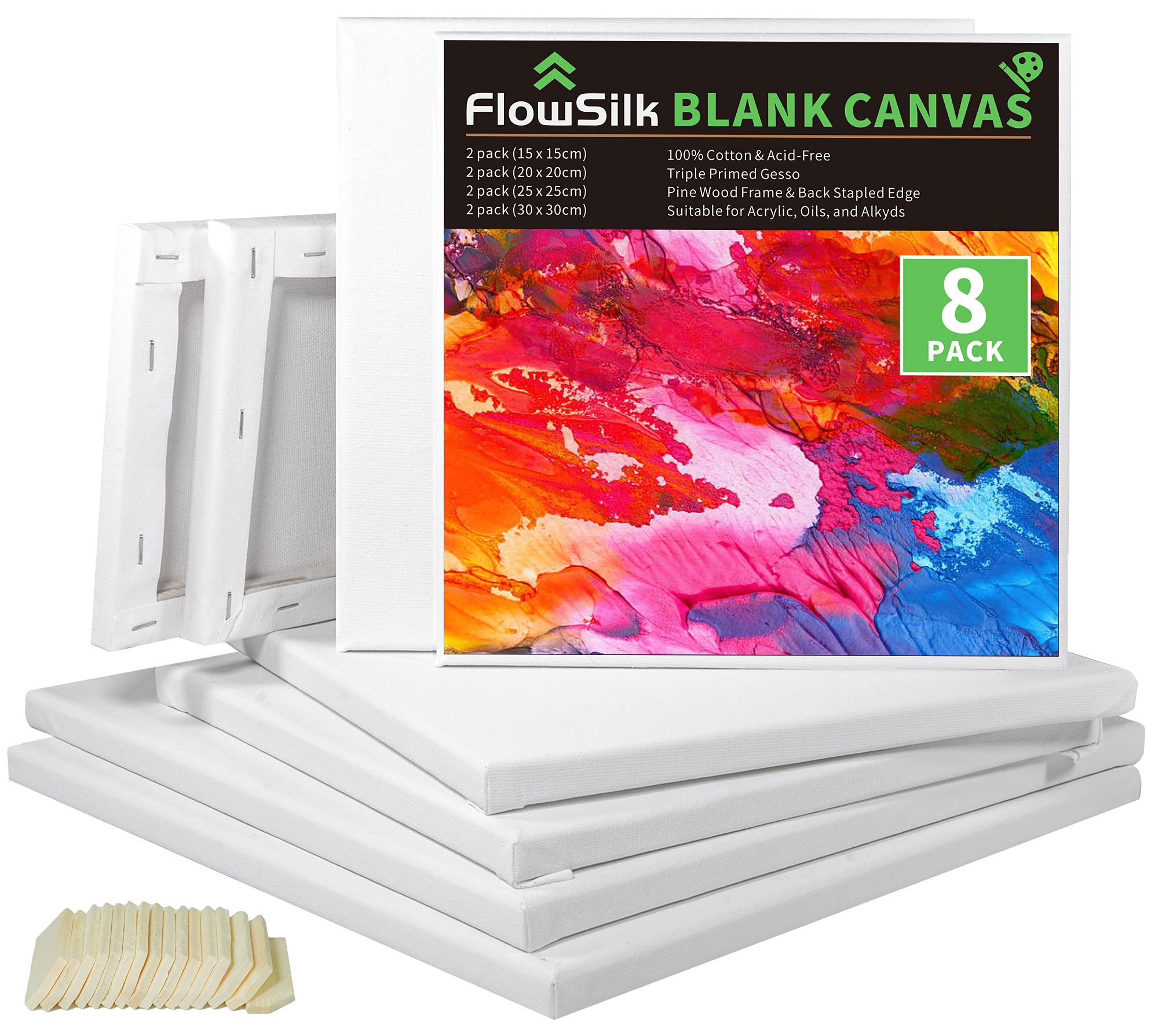 Blank Canvase Boards for Painting, 6x6", 8x8", 10x10" 12x12", 8 Pack 100% Cotton Stretcher Academy Acrylic Oil Painting, Canvases for Kids & Artist