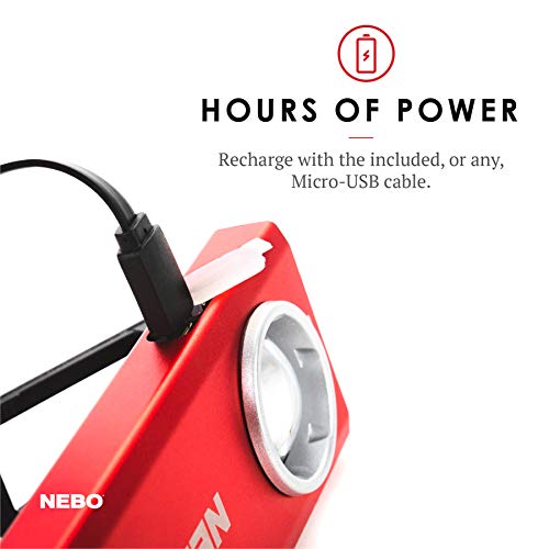 NEBO Slim Work Light, USB Rechargeable Bright Pocket Light with Clip, Hook and Magnetic Base for Hands-Free Lighting Portable COB LED Dimmable Flashlight 500 Lumens -Red