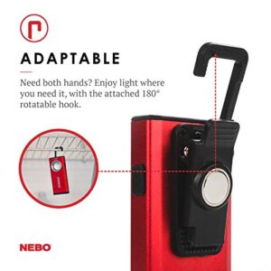 NEBO Slim Work Light, USB Rechargeable Bright Pocket Light with Clip, Hook and Magnetic Base for Hands-Free Lighting Portable COB LED Dimmable Flashlight 500 Lumens -Red