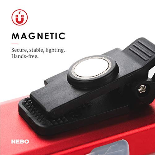 NEBO Slim Work Light, USB Rechargeable Bright Pocket Light with Clip, Hook and Magnetic Base for Hands-Free Lighting Portable COB LED Dimmable Flashlight 500 Lumens -Red