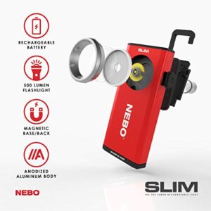 NEBO Slim Work Light, USB Rechargeable Bright Pocket Light with Clip, Hook and Magnetic Base for Hands-Free Lighting Portable COB LED Dimmable Flashlight 500 Lumens -Red