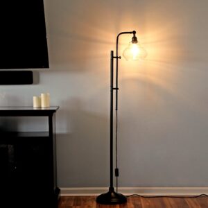 Brightech Austin LED Floor Lamp, Industrial Lamp for Living Rooms & Offices, Mid-Century Modern Standing Lamp with Adjustable Head, Tall Lamp with Rustic Glass Teardrop Shade for Bedroom - Black