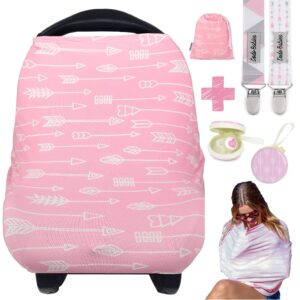 Dodo Babies Nursing Cover Set – Soft, Multipurpose Stretch Scarf for Breastfeeding and Car Seat Cover, Two Universal Pacifier Holders, Binky Case, Storage Bag – Playful Pink Print for Baby Girl