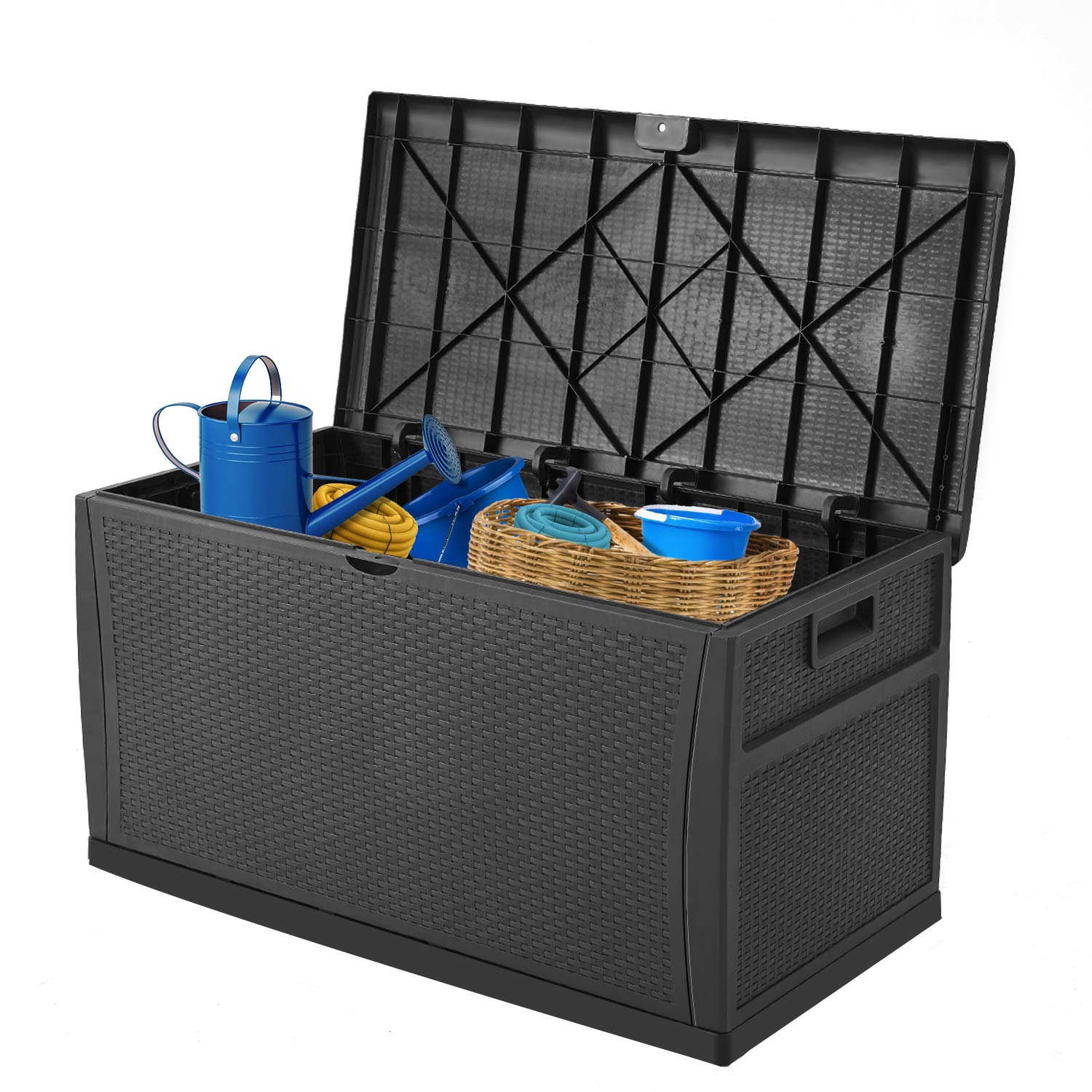 HOMEER Deck Box Plastic Rattan Storage Box Outdoor for Storage and Organization 120 Gallon Black