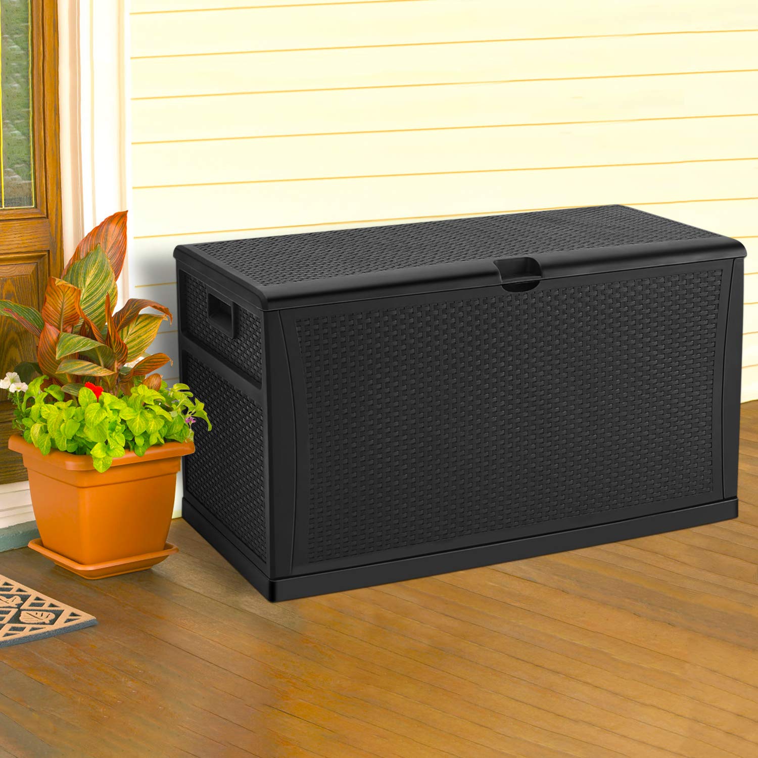 HOMEER Deck Box Plastic Rattan Storage Box Outdoor for Storage and Organization 120 Gallon Black