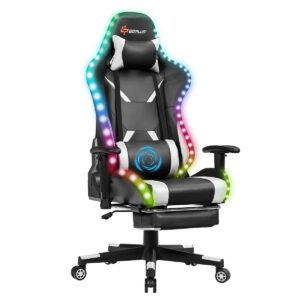 goplus massage gaming chair with rgb light, reclining backrest handrails and seat height adjustment racing computer office chair with footrest, ergonomic high back pu swivel game chair