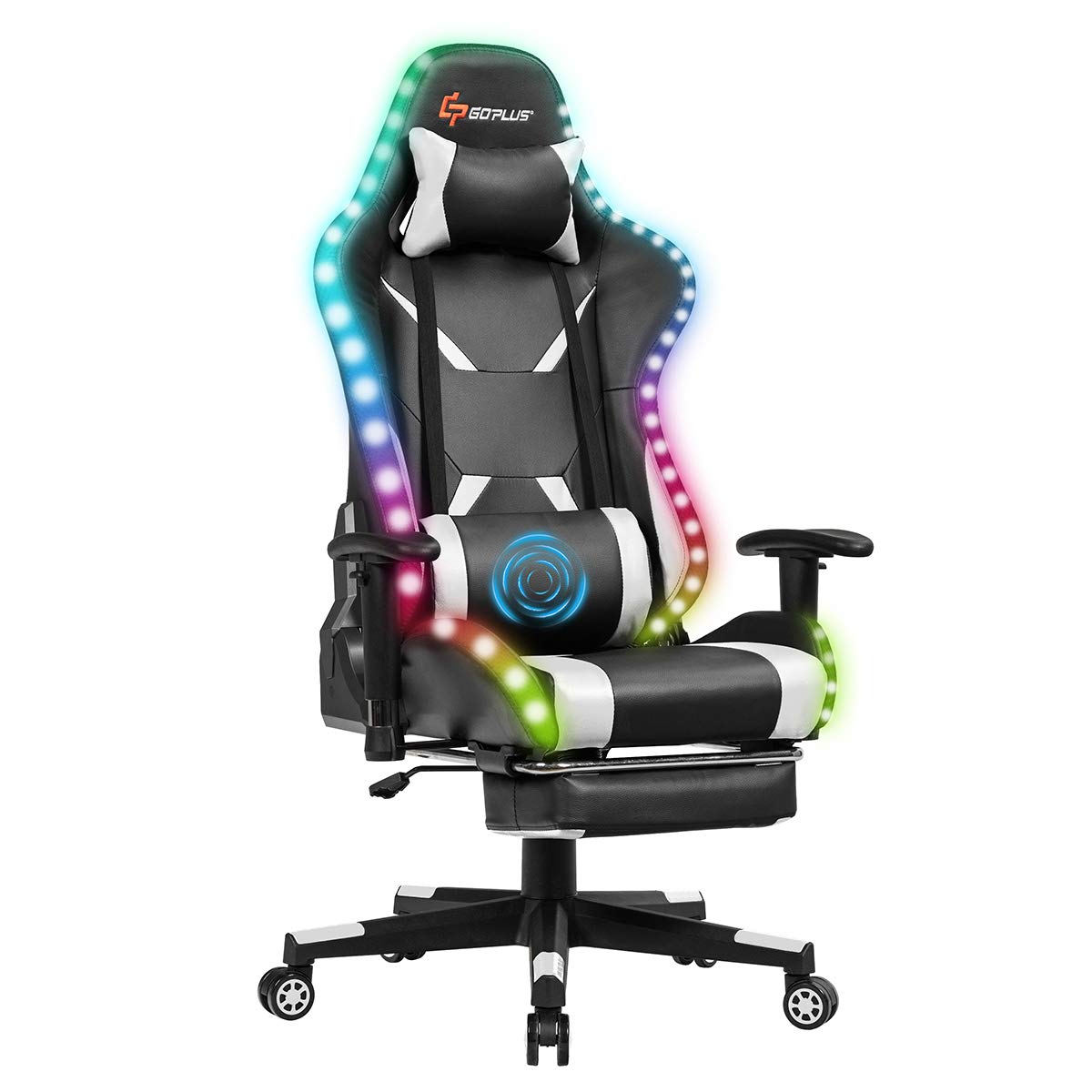 Goplus Massage Gaming Chair with RGB Light, Reclining Backrest Handrails and Seat Height Adjustment Racing Computer Office Chair with Footrest, Ergonomic High Back PU Swivel Game Chair