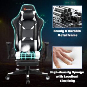 Goplus Massage Gaming Chair with RGB Light, Reclining Backrest Handrails and Seat Height Adjustment Racing Computer Office Chair with Footrest, Ergonomic High Back PU Swivel Game Chair