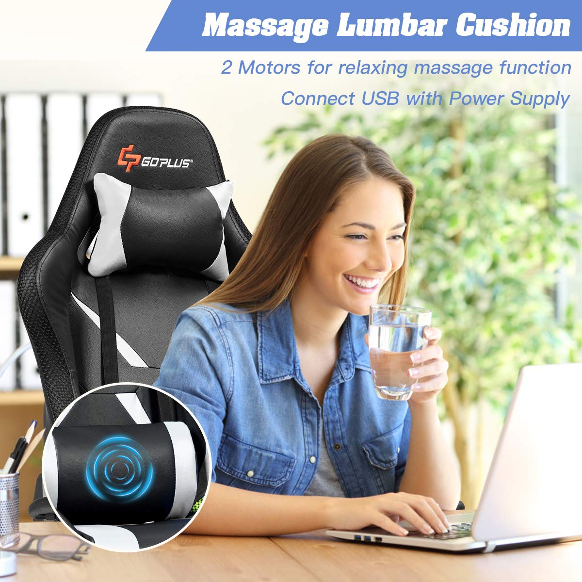 Goplus Massage Gaming Chair with RGB Light, Reclining Backrest Handrails and Seat Height Adjustment Racing Computer Office Chair with Footrest, Ergonomic High Back PU Swivel Game Chair