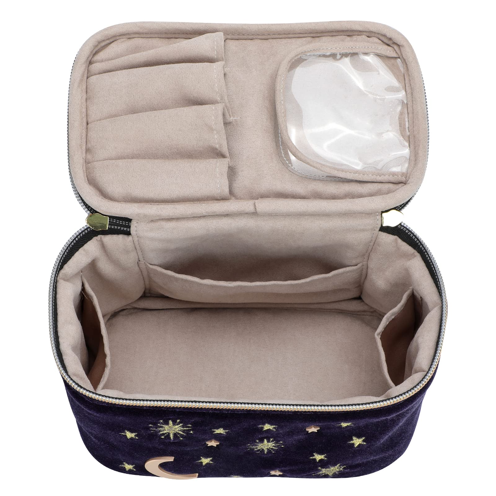 Handy cosmetic makeup bag,square Navy Velvet Embroidered Applique Moon Stars Sun Cosmetic Bag,High capacity Starry Makeup Pouch with Tassels & Pearl Zipper,Beautician Storage Bag Clutch Handbags